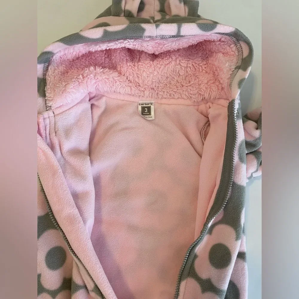 Pink and Gray Fleece Floral Baby Hooded Jumpsuit 3Months
